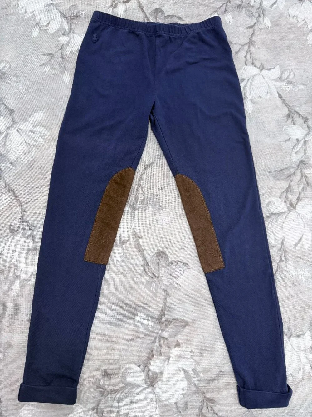Ralph Lauren Navy Equestrian Leggings XL Girl's 16 Brown Knee Patch Riding Pants